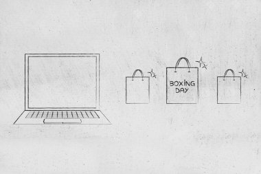 Boks günü alışveriş çantaları olan bir dizüstü bilgisayar tasviri, noel ekommerazını sembolize eden, bayramlık online alışveriş ve yıl sonu indirimleri.