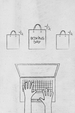 Boks günü alışveriş çantaları olan bir dizüstü bilgisayar tasviri, noel ekommerazını sembolize eden, bayramlık online alışveriş ve yıl sonu indirimleri.