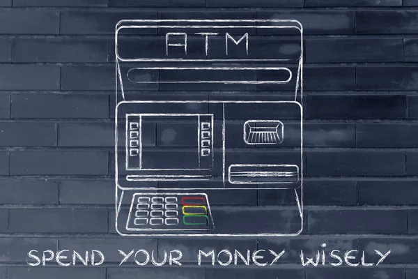 Automatic teller machine with writing Spend your money wisely — Stock Photo, Image