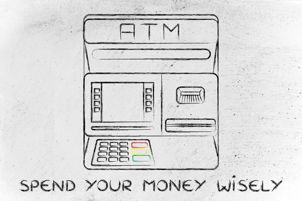Cajero automático con escritura Gasta tu dinero sabiamente — Foto de Stock