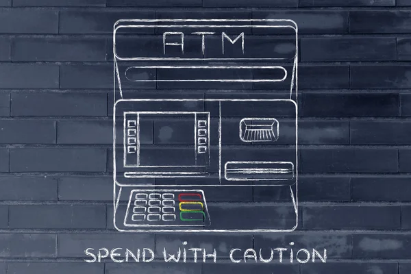 Automatic teller machine with writing Spend with caution — Stock Photo, Image