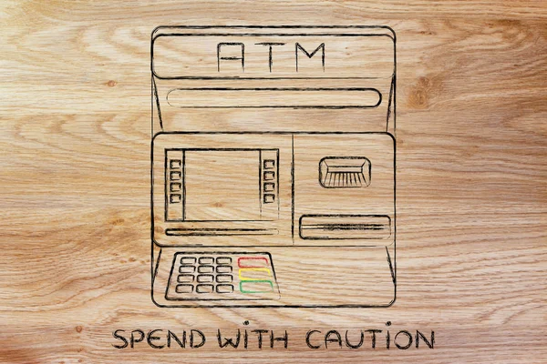 Automatic teller machine with writing Spend with caution — Stock Photo, Image