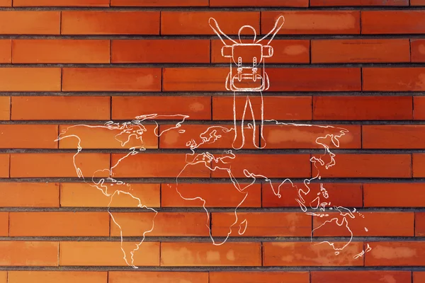 Dünya Haritası üzerinde sevindirici backpacker — Stok fotoğraf