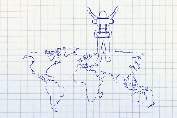 backpacker rejoicing over world map