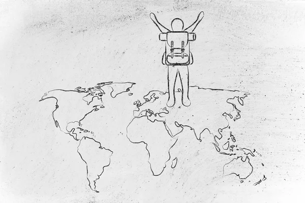 Рюкзак радіє світовій карті — стокове фото