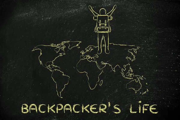 Backpacker over world map, rejoicing about his lifestyle — Stock Photo, Image