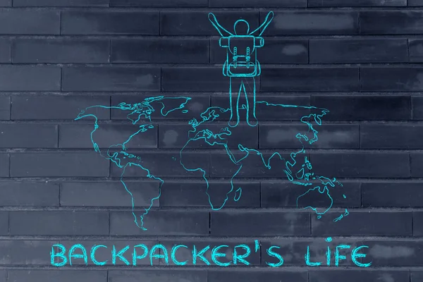 Backpacker over world map, rejoicing about his lifestyle — Stock Photo, Image