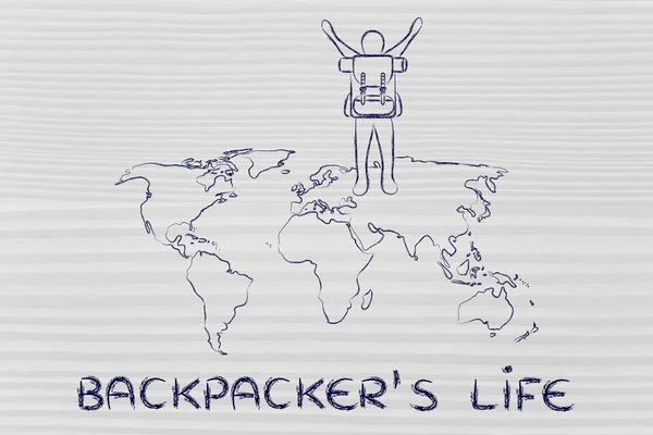 Backpacker over world map, rejoicing about his lifestyle — Stock Photo, Image