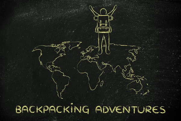 Backpacker over world map, showing excitement about his adventure — Stock Photo, Image