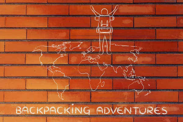 Backpacker yli maailmankartan, osoittaa jännitystä hänen seikkailu — kuvapankkivalokuva