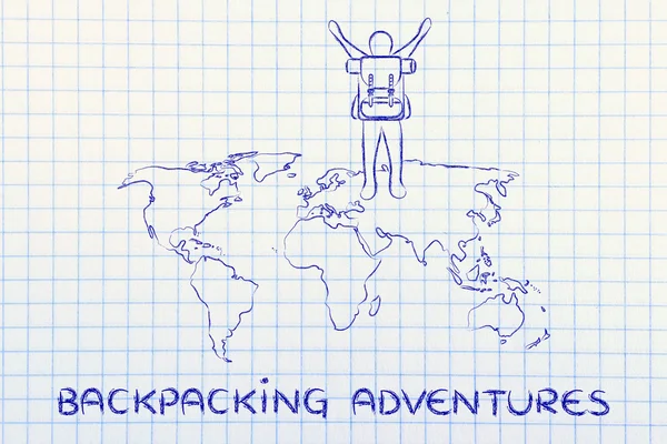 Backpacker over world map, showing excitement about his adventure — Stock Photo, Image