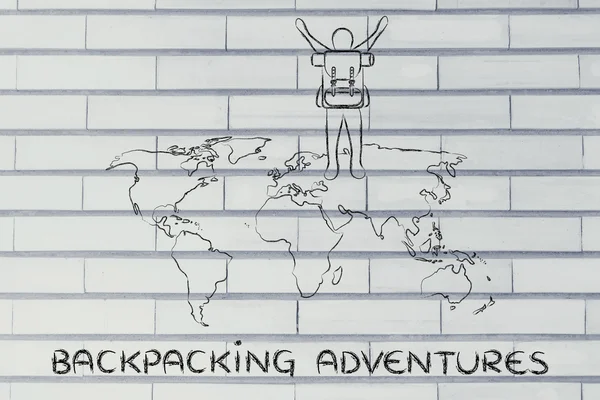 Backpacker over wereldkaart, tonen opwinding over zijn avontuur — Stockfoto