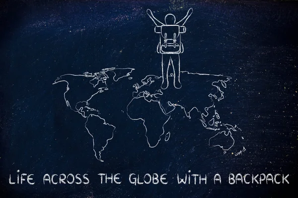 Backpacker över världskartan, liv över hela världen — Stockfoto