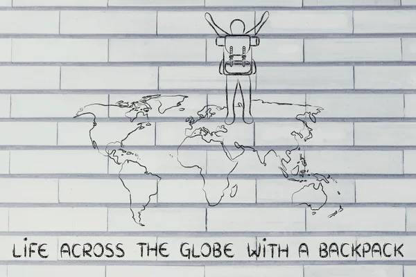 Backpacker over world map, life across the globe — Stock Photo, Image