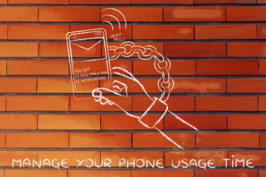 illustration of hand chained to a beeping mobile phone clipart