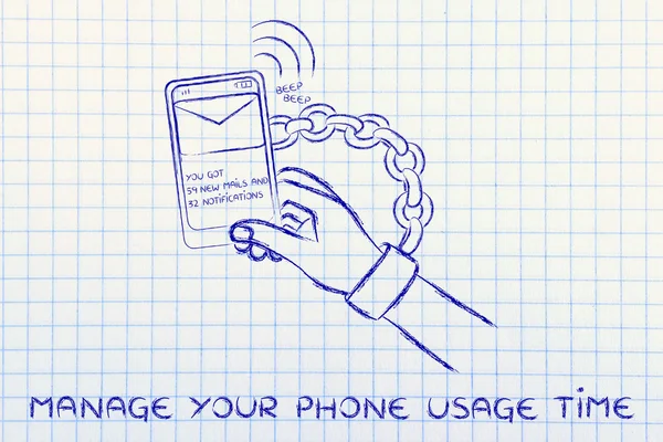 Ilustración de la mano encadenada a un teléfono móvil pitido —  Fotos de Stock