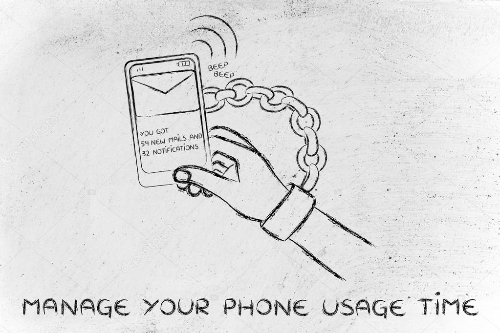 Illustration of hand chained to a beeping mobile phone stock photo