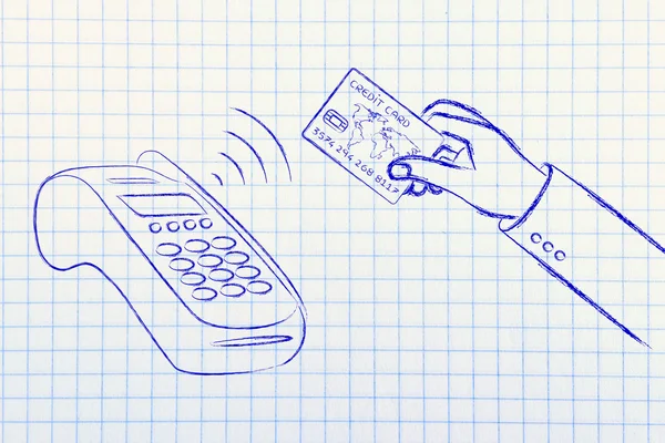 Handzahlen mit kontaktloser Kreditkarte am Pos-Terminal — Stockfoto