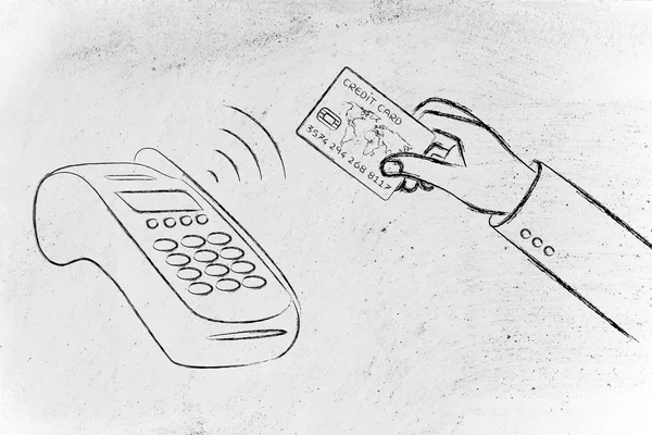 Рука, що платить безконтактною кредитною карткою в терміналі pos — стокове фото