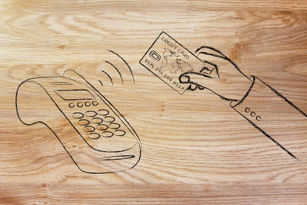 Ручная оплата с помощью бесконтактной кредитной карты на терминале pos — стоковое фото