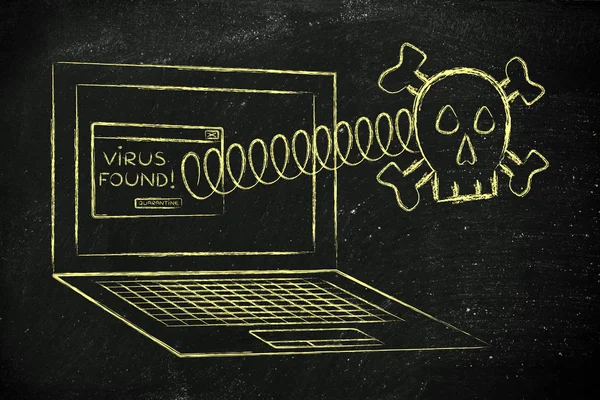Skull coming out of laptop with virus message — Stock Photo, Image