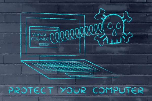 Lebka z notebooku s textem chránit váš počítač — Stock fotografie