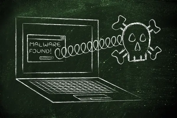 Skull coming out of laptop with error message Malware Found — Stock Photo, Image