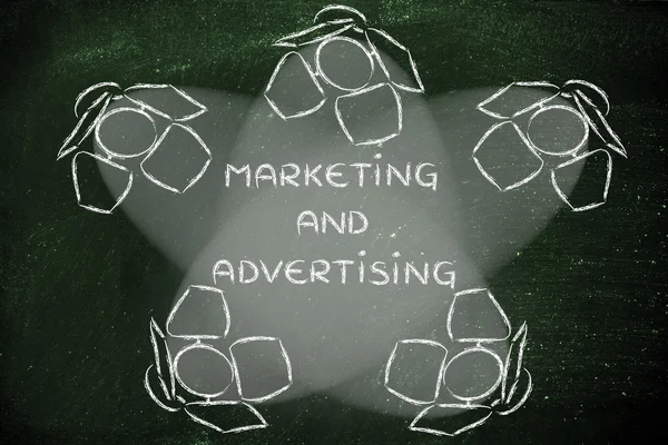 Reflektory s textem marketingu a reklamy — Stock fotografie