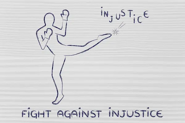 Людина штовхає і бокс проти несправедливості — стокове фото