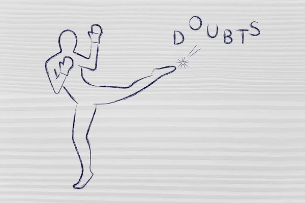 Person kicking and boxing the word doubts — Stock Photo, Image