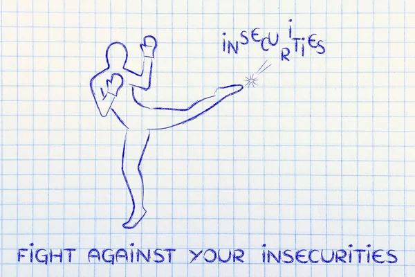 Person kicking and boxing the word insecurities — Stock Photo, Image