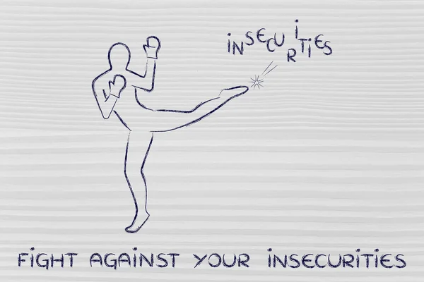 Person kicking and boxing the word insecurities — Stock Photo, Image