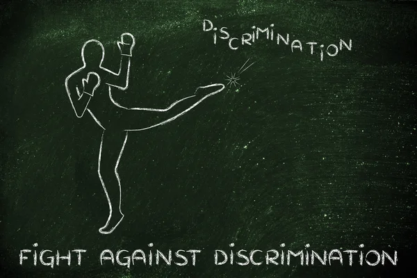 Pessoa chutando e boxe a palavra discriminação — Fotografia de Stock