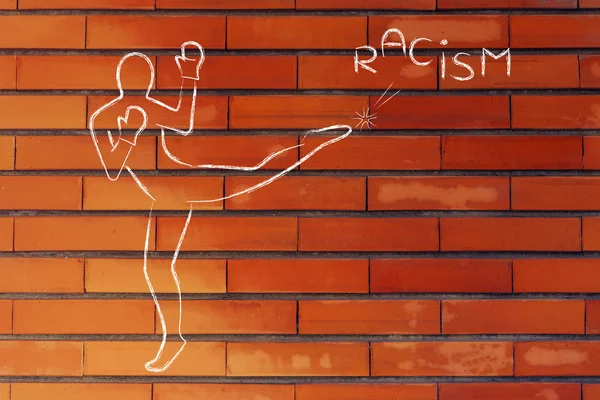 Persoon schoppen en het woord racisme Boksen — Stockfoto