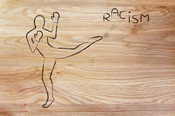 Személy, rugdossa, és a word rasszizmus boksz — Stock Fotó