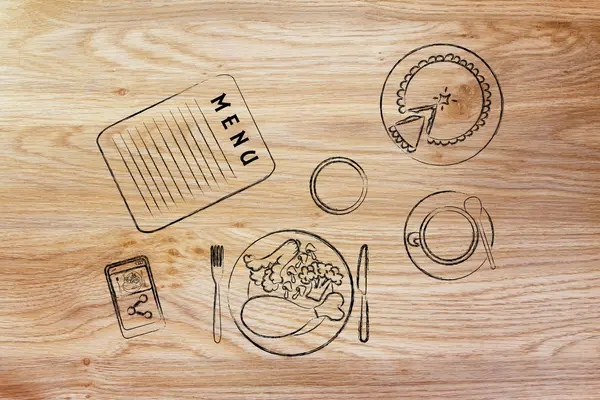 Restauracja stół z menu, posiłek, kołowy, telefon i kawy — Zdjęcie stockowe