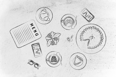coffee shop table with latte art, bakery and pie