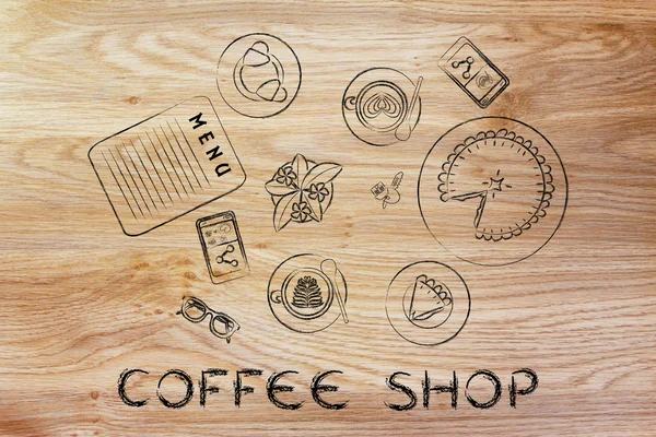 Bar table with latte art, bakery and pie and text Coffee Shop — Zdjęcie stockowe