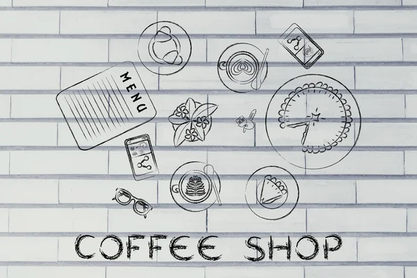Stehtisch mit Latte Art, Bäckerei und Café mit Kuchen und Text — Stockfoto