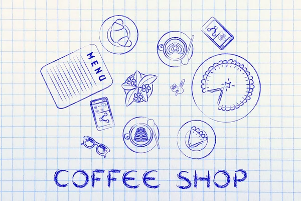 Mesa de bar com arte latte, padaria e torta e texto Coffee Shop — Fotografia de Stock