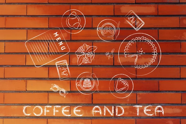 Tabel met latte art, bakkerij en taart en tekst koffie en thee — Stockfoto