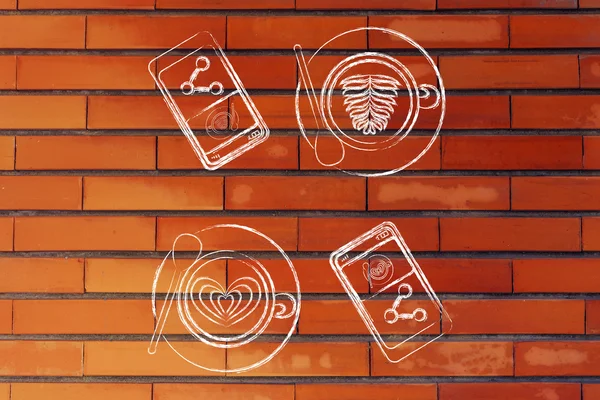Kaffeetassen mit Latte Art und Telefone mit Foto zum Teilen — Stockfoto