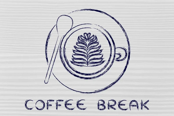 Xícara de cappuccino com design de folhas e texto Coffee Break — Fotografia de Stock