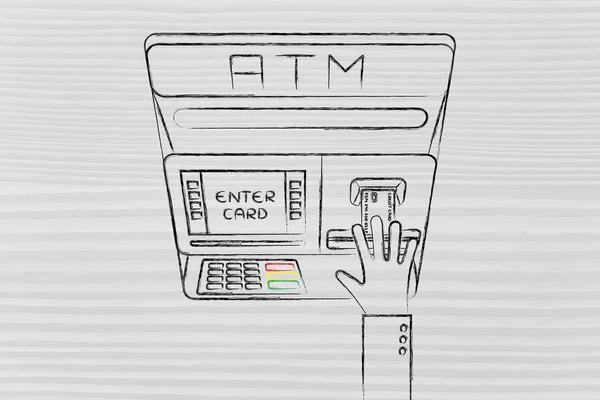 Automatic teller machine with hand inserting credit card — 图库照片