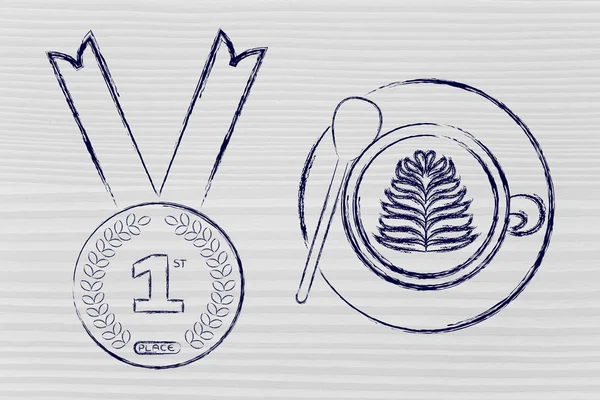 Xícara de café ao lado da medalha número um — Fotografia de Stock