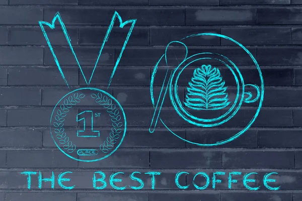 Cappuccino-kop naast nummer een medaille met tekst de beste koffie — Stockfoto