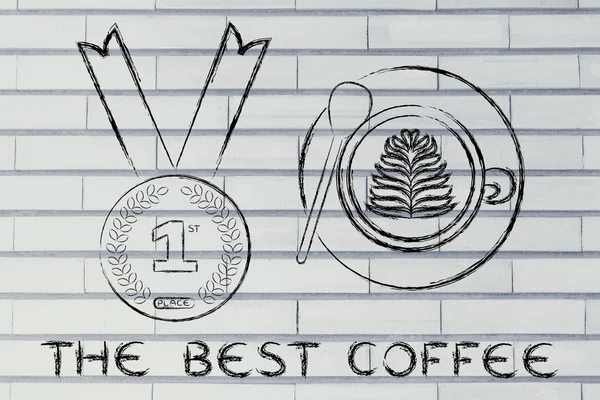 Copo de cappuccino ao lado da medalha número um com texto o melhor café — Fotografia de Stock