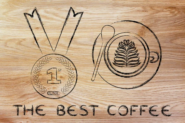 Cappuccino-kop naast nummer een medaille met tekst de beste koffie — Stockfoto