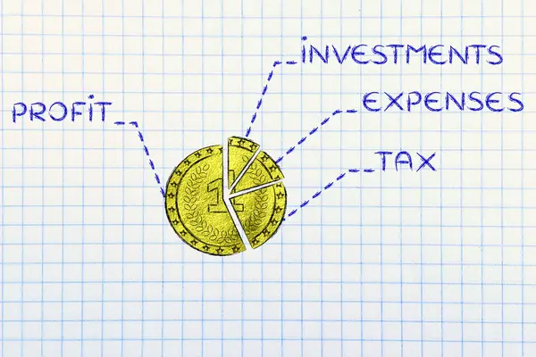 Moeda de ouro dividido como um gráfico de torta com texto elemento de orçamento — Fotografia de Stock