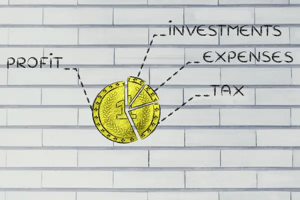 金黄的硬币分裂像饼图与预算元素文本 — 图库照片